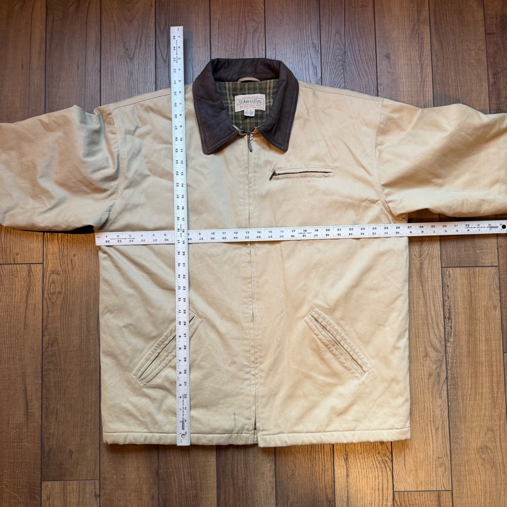 Vintage St Johns Bay Canvas Work Jacket Mens XL Tan Leather Collar Quilted Plaid - Picture 5 of 9